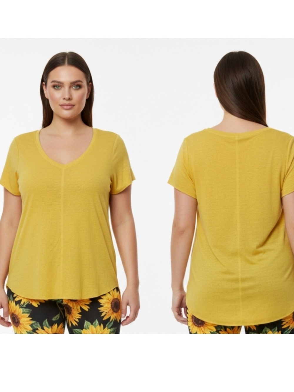 Tahari 100% Linen Mustard Yellow Short Sleeve V-Neck Top, Women's 1X